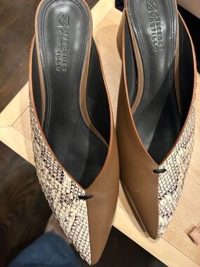 MERCEDES CASTILLO Tan Leather & Snake-Print Pointed Slingback Mules